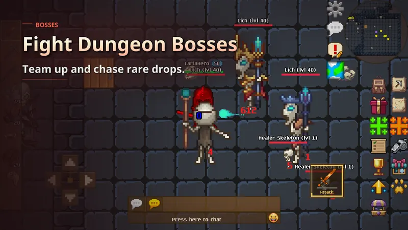Players fighting a Lich and Healer Skeletons in a dungeon boss room