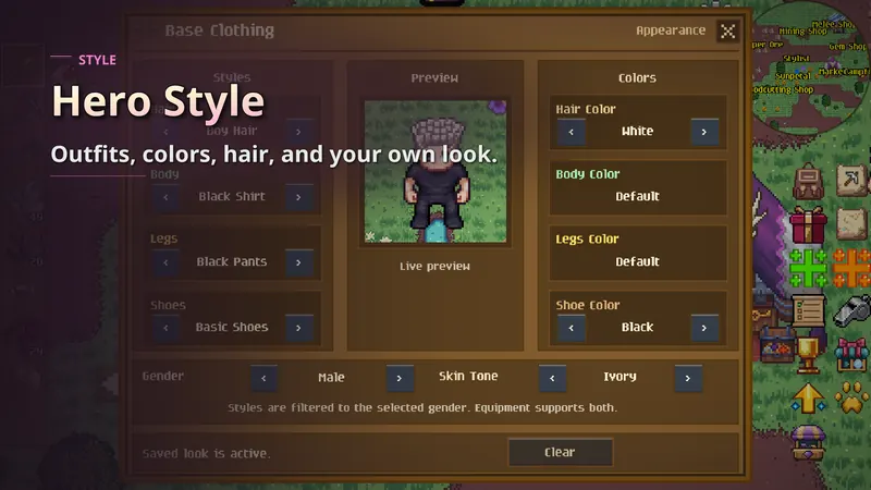 The appearance window for choosing hair, clothing colours and skin tone