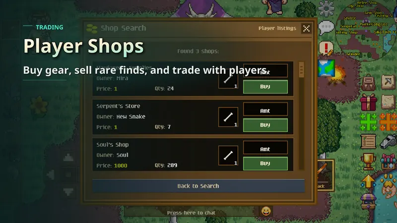 The player shop search window listing items for sale by other players