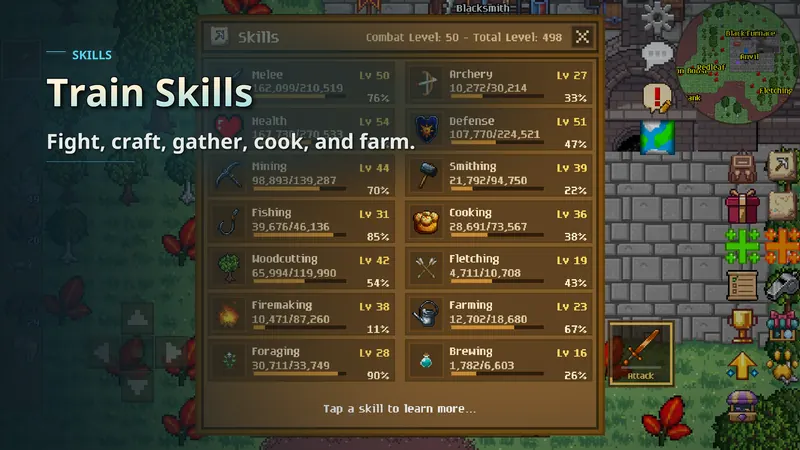 The Skills window showing Melee, Archery, Mining, Smithing, Fishing, Cooking and the other skills with their levels