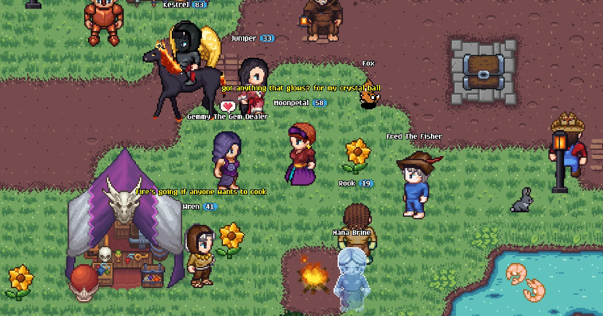 Town on an afternoon: a Shadow Ninja with Golden Seraph Wings rides past on a Nightmare with his fox running after him, a player in the Fortune Teller outfit asks Gemmy about her stock, a Wandering Monk calls out from the campfire and other players pass by