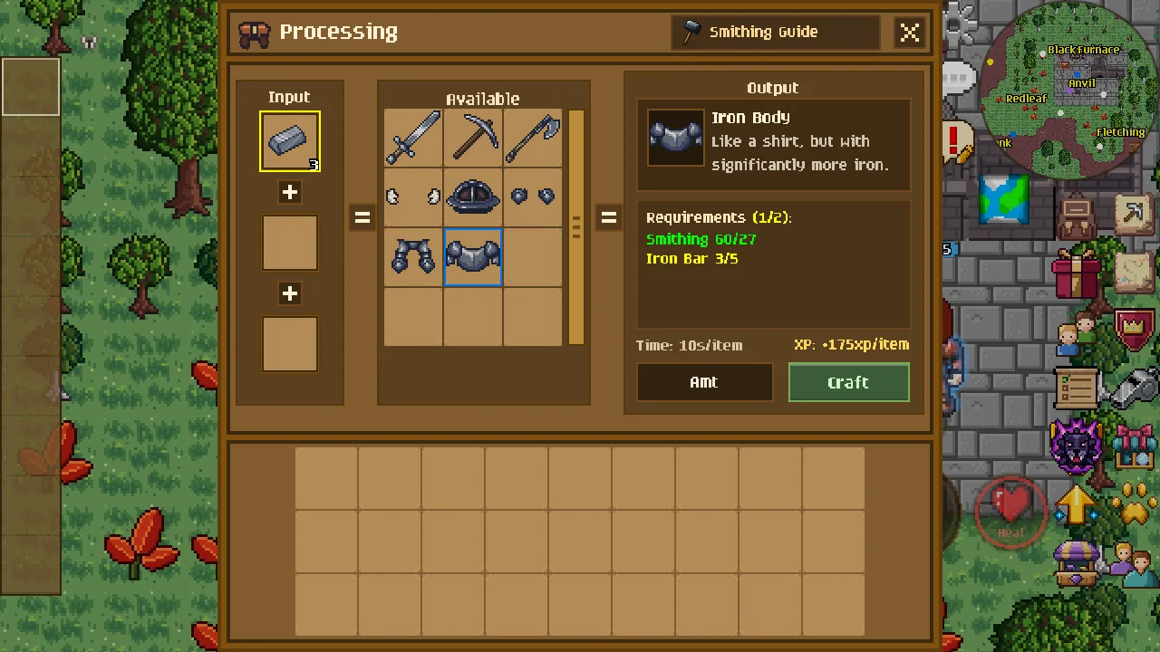 The anvil's Processing window with three iron bars in its input slot, listing only what iron makes. Iron Body is picked, with Smithing 60/27 in green and Iron Bar 3/5 in yellow, since she has some of the bars but not enough
