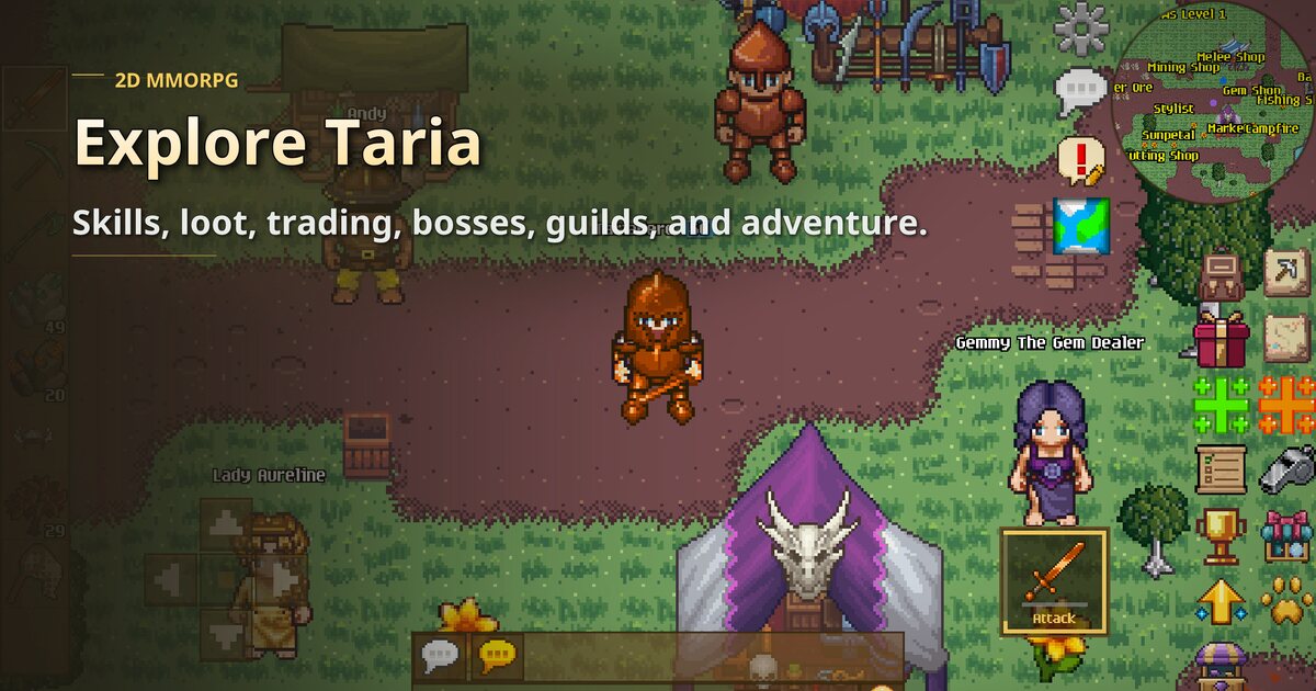 A player in bronze armour outside the shops of Taria, with the caption Explore Taria